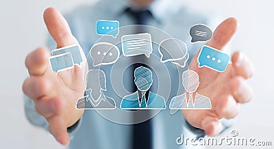 Businessman holding discussion icons sketch Stock Photo