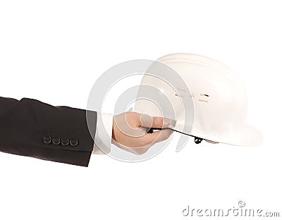 Businessman holding an engineer helmet Stock Photo