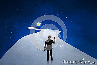 Businessman holding fire torch looking to golden shiny star 3d illustrations Cartoon Illustration