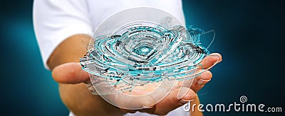 Businessman holding floating 3D rendering digital tech blue interface Stock Photo