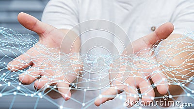 Businessman holding flying network dot 3D rendering Stock Photo