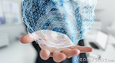 Businessman holding flying network sphere 3D rendering Stock Photo