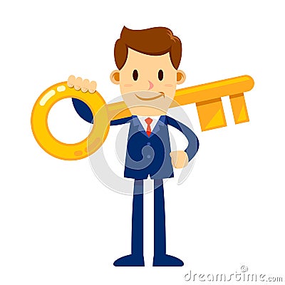 Businessman Holding Golden Key To Success Vector Illustration