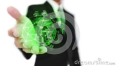 Businessman holding green world with trees, business sustainable resource and environmental concept, on white background. Element Stock Photo