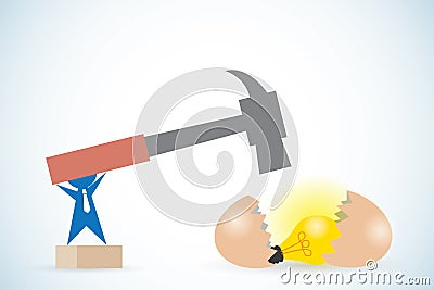 Businessman holding hammer to break egg and get light bulb, idea and business concept Vector Illustration