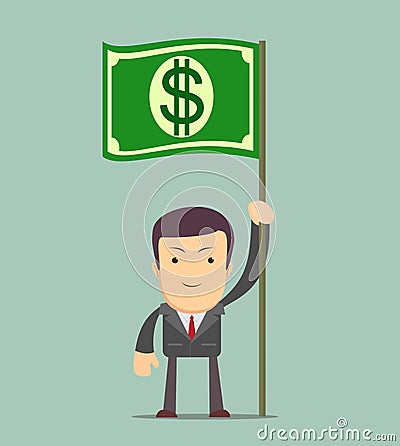 Businessman holding in hand flag with a banknote. Vector Illustration