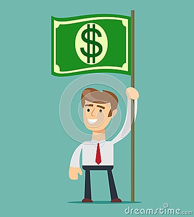 Businessman holding in hand flag with a banknote. Vector Illustration