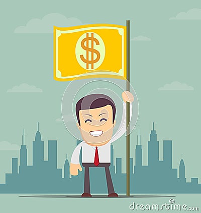 Businessman holding in hand flag with a banknote. Vector Illustration