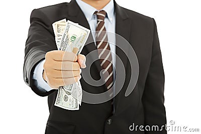 Businessman holding a handful of us dollars Stock Photo