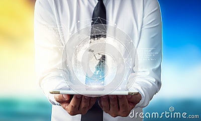 Businessman holding in hands tablet with global connection concept. Stock Photo