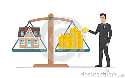 Businessman holding house on money, man collects money Vector Illustration