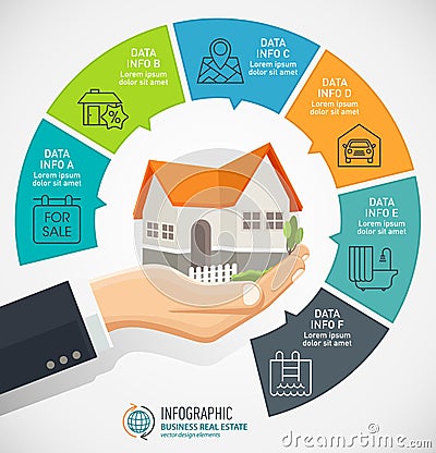 Businessman holding a house. Real Estate business Infographic with icons. Vector Illustration