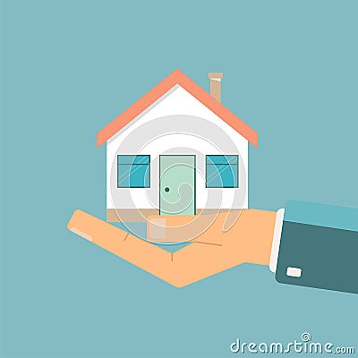 Businessman holding a house. Real estate offer. Vector illustration Vector Illustration