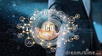 Businessman holding icon with ICO or Initial Coin Offering Stock Photo