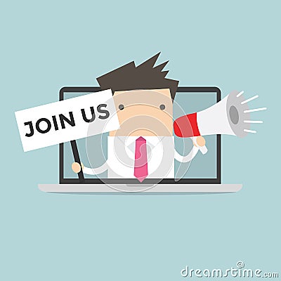 Businessman holding join us sign and megaphone in computer notebook Vector Illustration