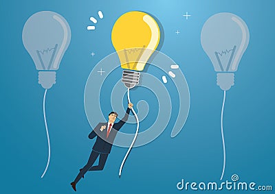 Businessman holding a light bulb flying in the sky, creative concepts Vector Illustration