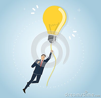 Businessman holding a light bulb flying in the sky, creative concepts Vector Illustration