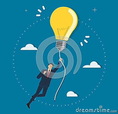 Businessman holding a light bulb flying in the sky, creative concepts Vector Illustration