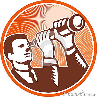 Businessman Holding Looking Telescope Woodcut Vector Illustration