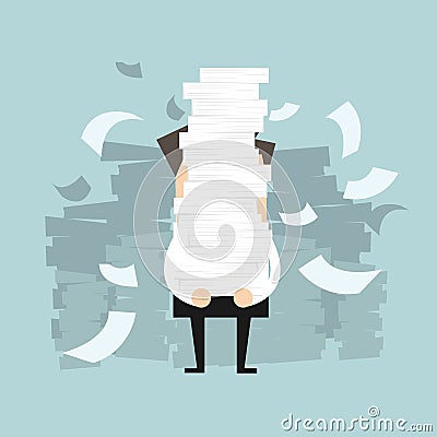 Businessman holding a lot of documents in his hands Vector Illustration