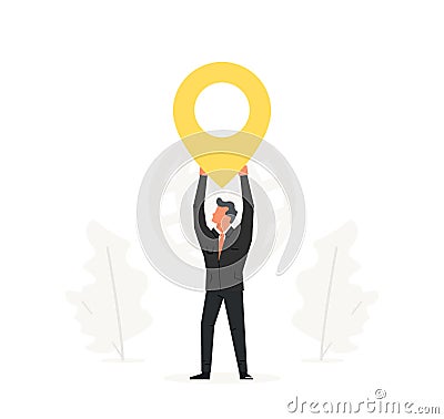 Businessman holding map pointer over his head. Navigation, delivery, office location illustration design. Vector Illustration