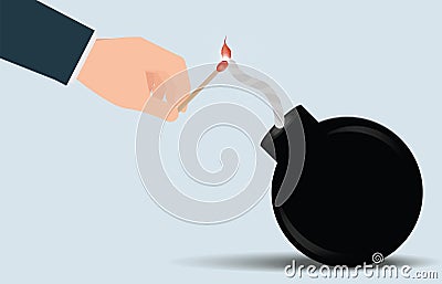 Businessman holding match in fire and sparks with a bomb. Vector Illustration