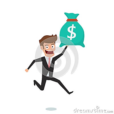 Businessman holding money bag. Concept of earnings money and get bonus. Vector Illustration