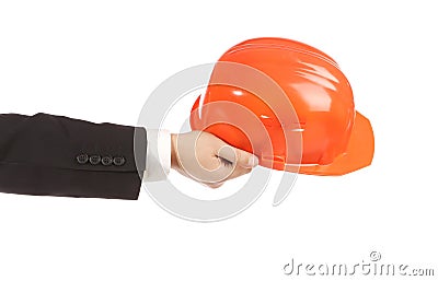 Businessman holding an orange engineer helmet Stock Photo