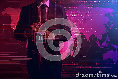 Businessman holding a padlock and a data security icon on a digital screen background, cyber sequrity concepts, generative ai Stock Photo