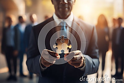 Businessman holding a peice of puzzle. Stock Photo