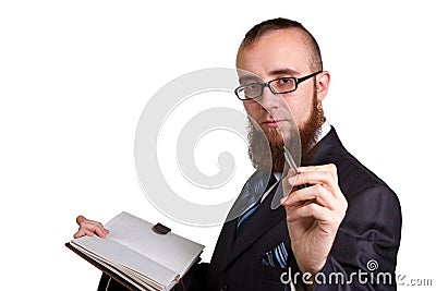 Businessman holding a pen requesting a signature on a document Stock Photo