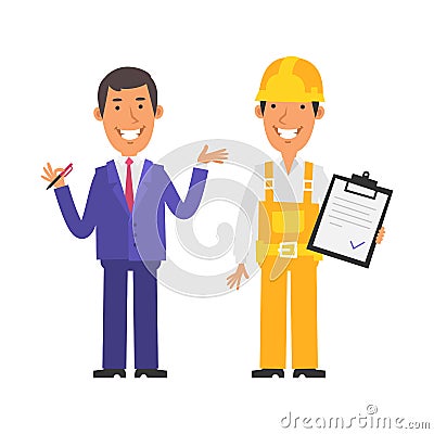 Businessman holding pen and smiling. Builder holds tablet and smiles. Vector characters Vector Illustration