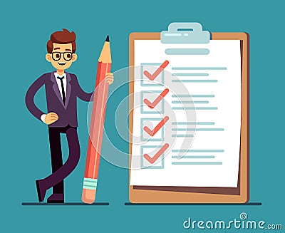 Businessman holding pencil at big complete checklist with tick marks. Business organization and achievements of goals Vector Illustration