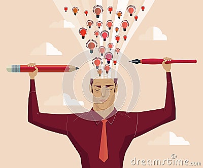 Businessman holding a pencil and a pen light eruption brain. Vector Illustration