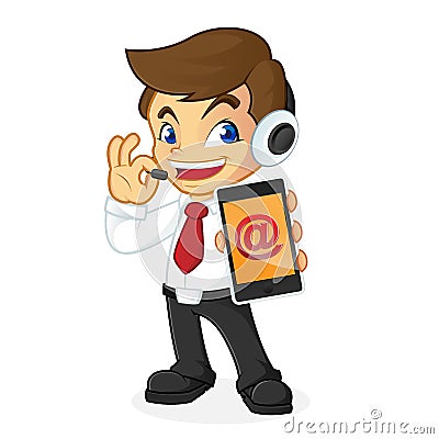 Businessman holding phone as customer service Stock Photo