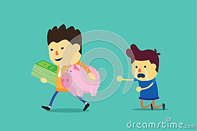 Businessman holding piggy bank and many money of man. Vector Illustration