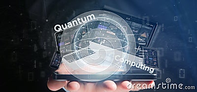 Businessman holding Quantum computing concept with qubit and devices 3d rendering Stock Photo