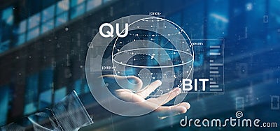 Businessman holding Quantum computing concept with qubit icon 3d rendering Stock Photo