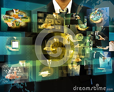 businessman holding Reaching images streaming in hands .Financial and technologies concepts Stock Photo