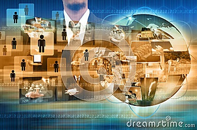 businessman holding Reaching images streaming in hands .Financial and technologies concepts Stock Photo