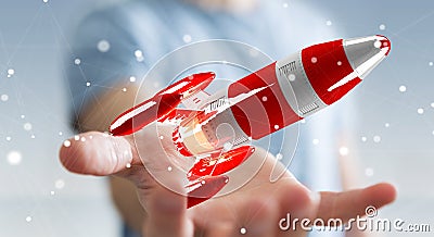 Businessman holding red rocket in his hand 3D rendering Stock Photo