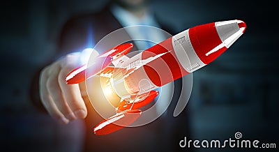 Businessman holding red rocket in his hand 3D rendering Stock Photo