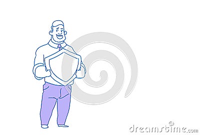 Businessman holding shield defender security business protection from attack concept safe privacy database sketch doodle Vector Illustration