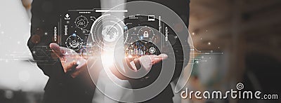 Businessman holding smart digital icon futuristic diagram network cloud computing strong data system. interface cloud icon connect Stock Photo