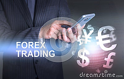 Businessman holding smart phone world of currency forex trading Stock Photo