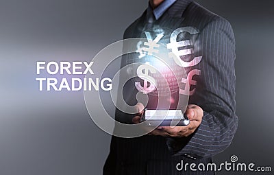 Businessman holding smart phone world of currency forex trading Stock Photo