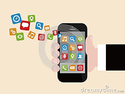 Businessman Holding Smartphone with Apps Vector Illustration