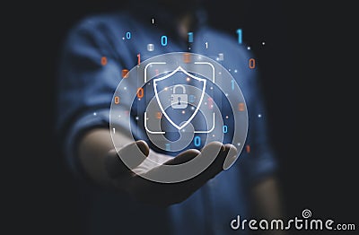 Businessman holding smartphone with protection and masker key icon for input password to internet access and encryption for Stock Photo