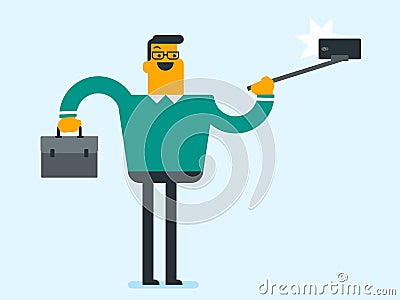 Businessman holding stick and making selfie photo. Vector Illustration