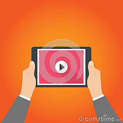 Businessman holding tablet computer with video player on the screen in the human hands, vector illustration, eps 10. Vector Illustration